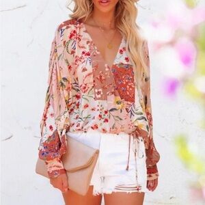 Vici Floral Spring Long Sleeve Tie V Neck Button Sleeve Blouse